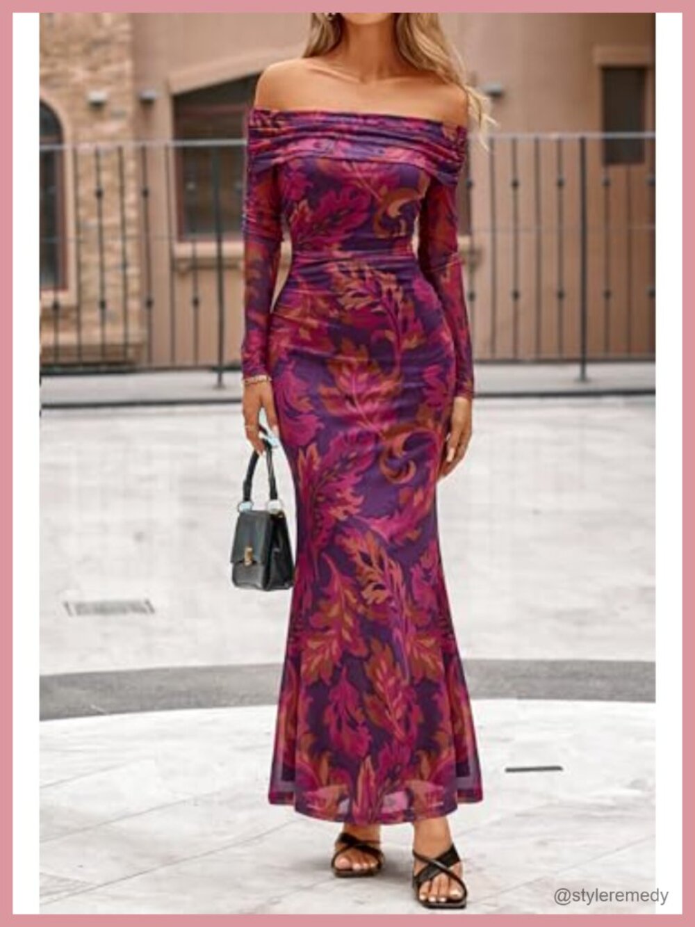 Off Shoulder Floral Bodycon Maxi Dress Long Sleeve Formal Party - Picture 5 of 6